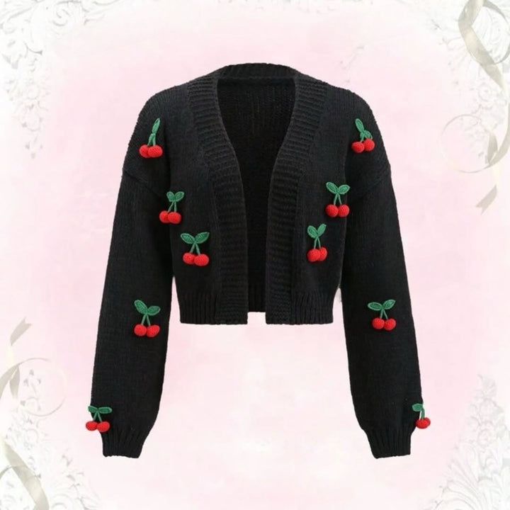 Knitted jacket for women with cheerful cherry pattern Lune London