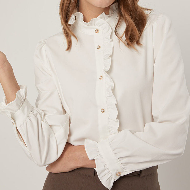 Button-up blouse with gathered high collar for women Lune London