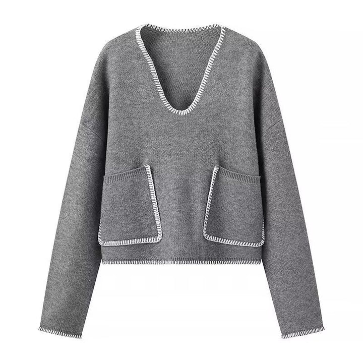 Pull en tricot épais pour femmes avec col en V profond et poches pratiques Chic & Stil