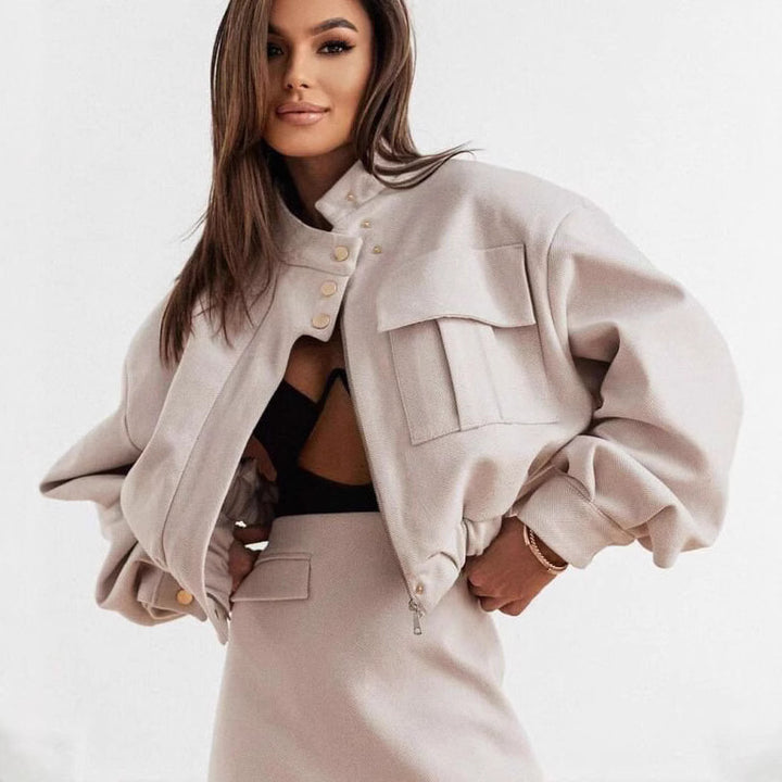 Casual transition jacket for women with voluminous sleeves and decorative button details Lune London