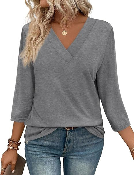 Women's V-Neck Top with Three-Quarter Sleeves and Side Slits Lune London