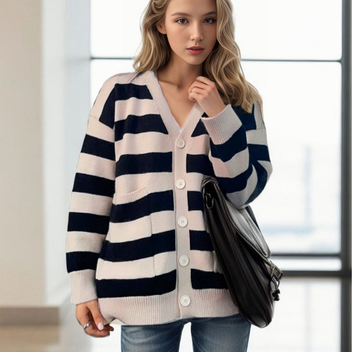 Ladies Casual Knit Vest with Deep V Neck and Striped Pattern Lune London