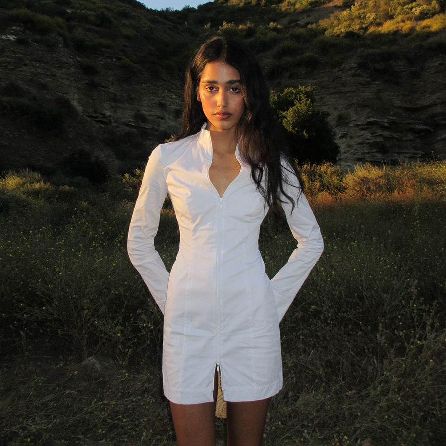 Fitted long dress for women with long sleeves, zipper, and high collar Lune London