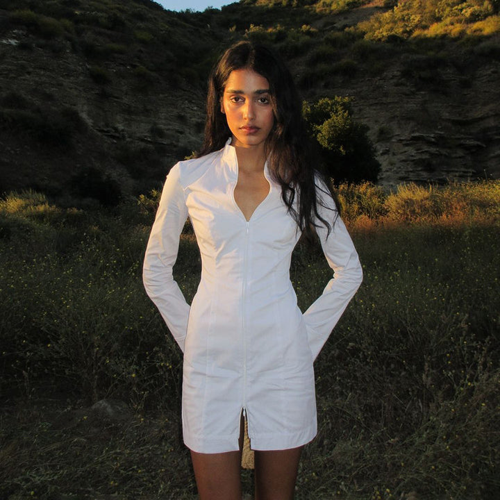 Fitted long dress for women with long sleeves, zipper, and high collar Lune London