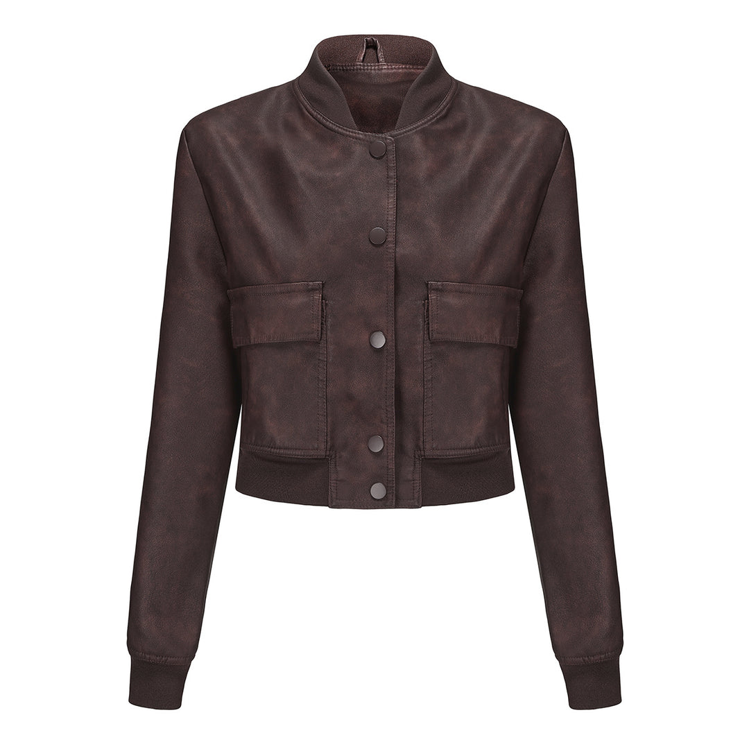 Faux leather bomber jacket for women with practical pockets and elastic cuffs Lune London