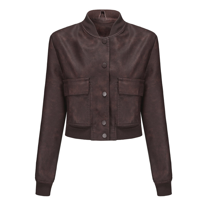 Faux leather bomber jacket for women with practical pockets and elastic cuffs Lune London