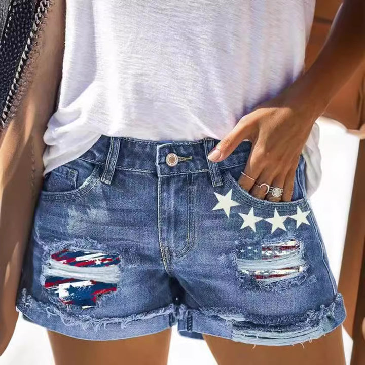 Ladies Stylish Destroyed Denim Shorts with Creative Patches Lune London