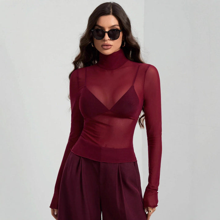 Women's Transparent Turtleneck Blouse with Shaping Cut Lune London
