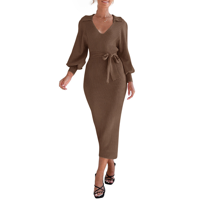 Knit dress for women with a waist belt and beautiful V-neck Lune London