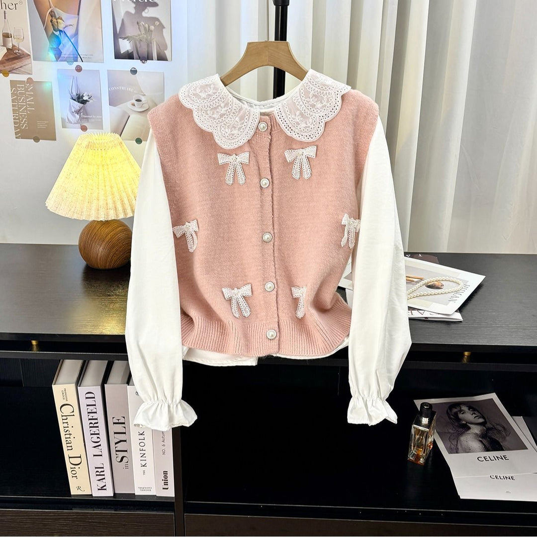 Ladies playful knit cardigan with rolled collar and decorative bows Lune London