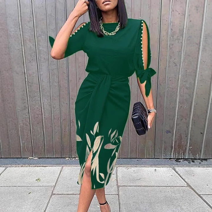 Mid-length dress for women with floral details and an elegant slit Lune London