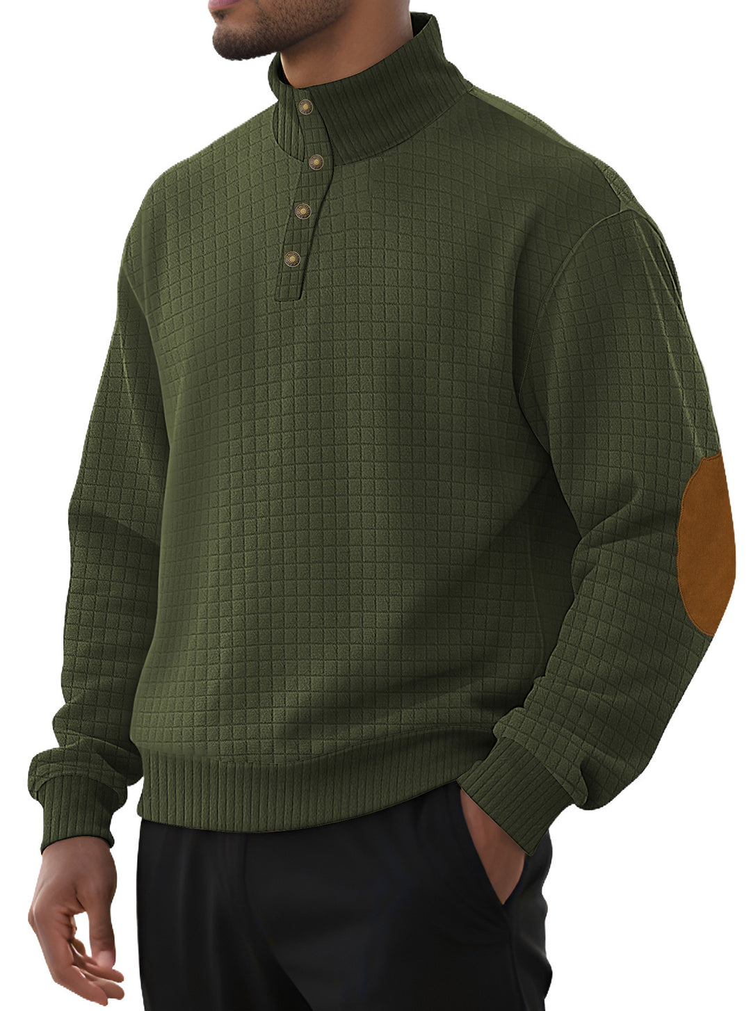 Modern high collar sweater for men with textured design and leather applications Lune London
