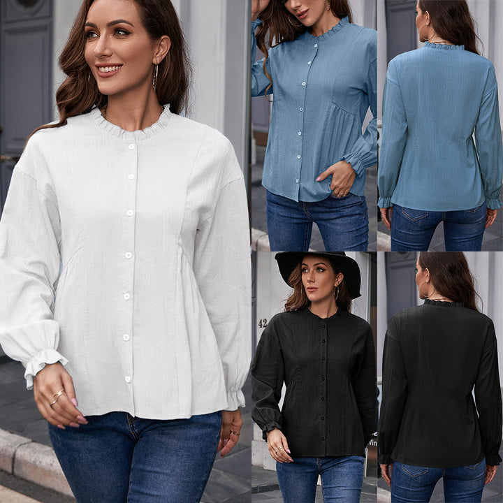 Women's blouse with ruffle hem and button details Lune London