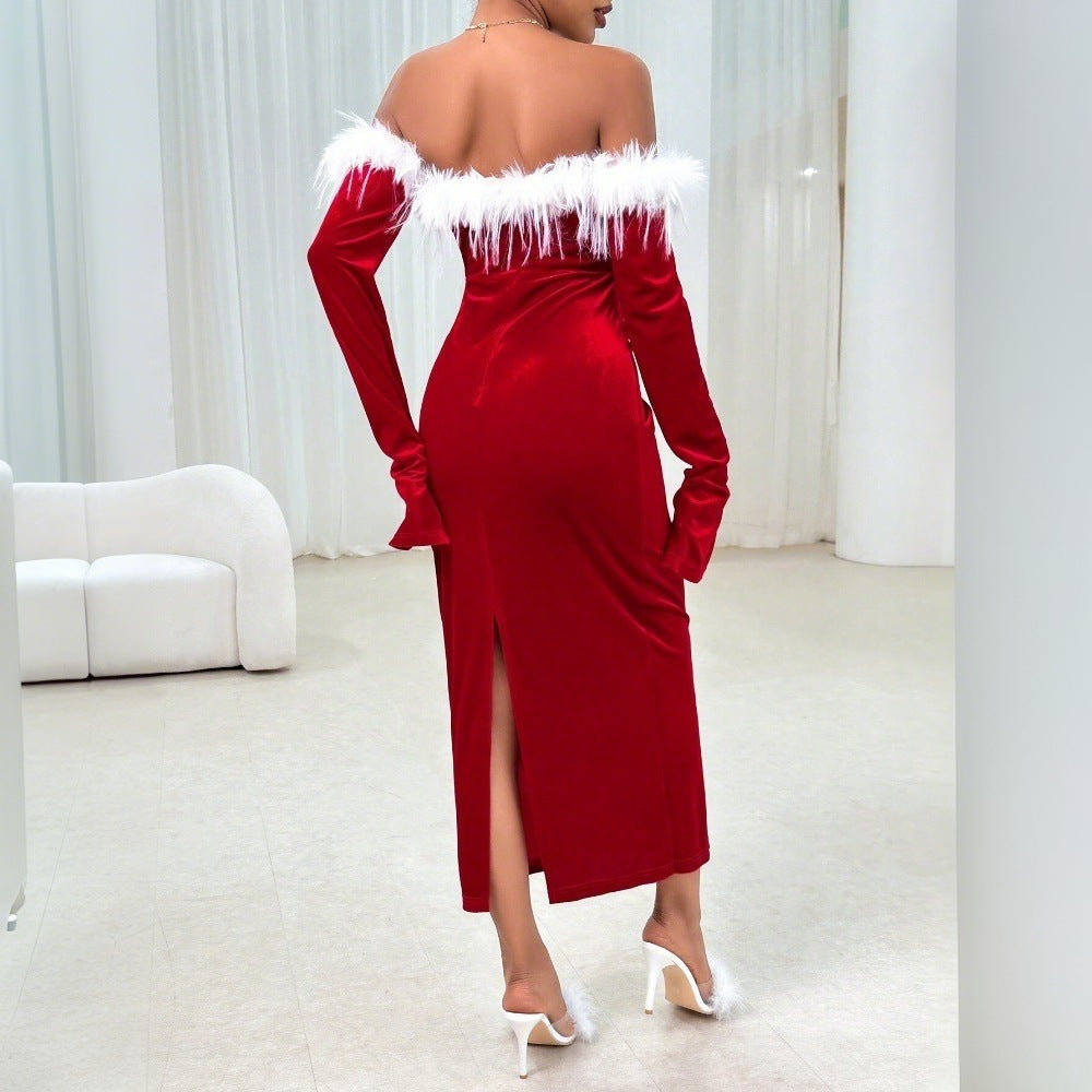 Robe midi à manches longues pour femmes avec col bateau chic et élégantes volants Chic & Stil