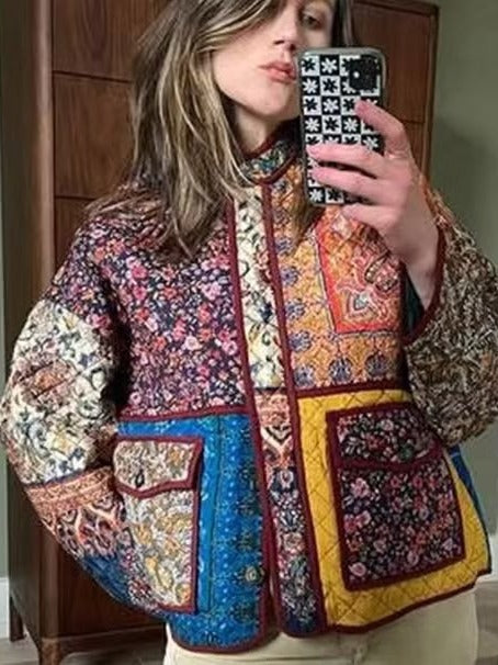 Quilted patchwork jacket for women with floral design and practical pockets Lune London