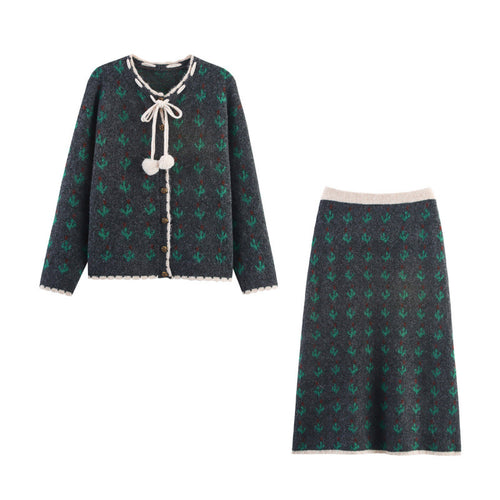 Elegant knit set for women with floral pattern and decorative borders Lune London