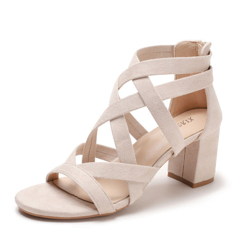 Women's sandals with stylish cross strap and comfortable block heel Lune London