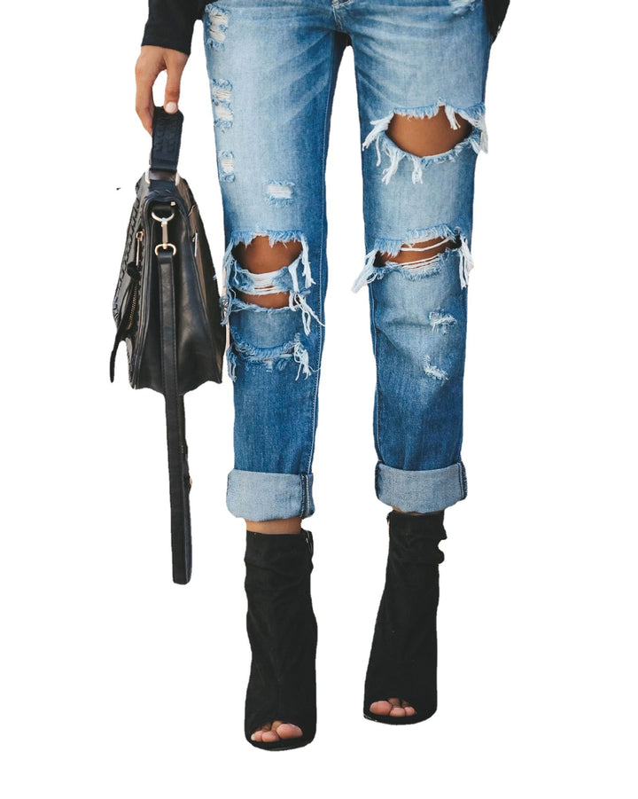 Ladies' Boyfriend Jeans with stylish distressed details and high waist Lune London