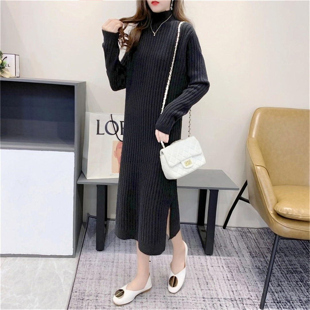 Maxi knit dress for women with high collar and fine ribbed structure Lune London