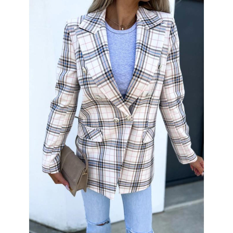 Plaid women's blazer with double-breasted buttons and stylish details Lune London