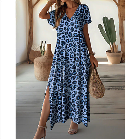 Maxi dress for women with modern leopard print, side slits, and V neck Lune London