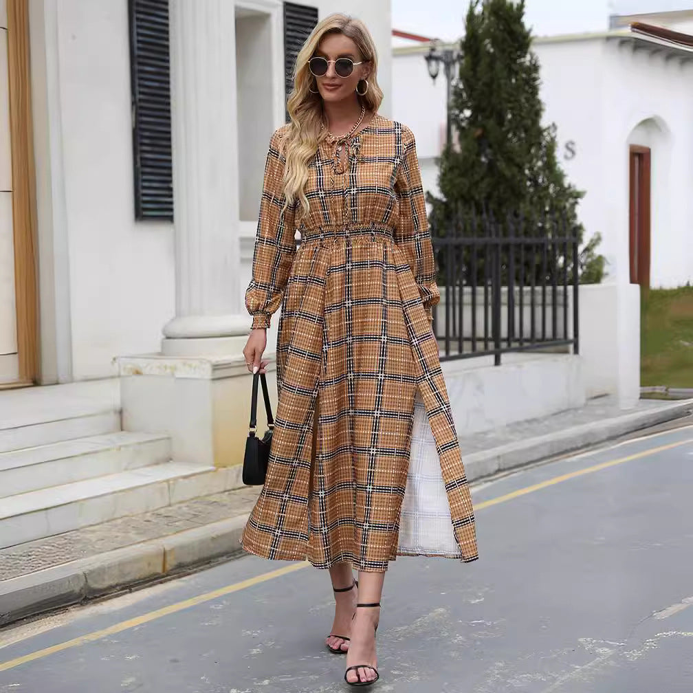 Plaid pattern maxi dress for women with a waist belt and ruffles Lune London