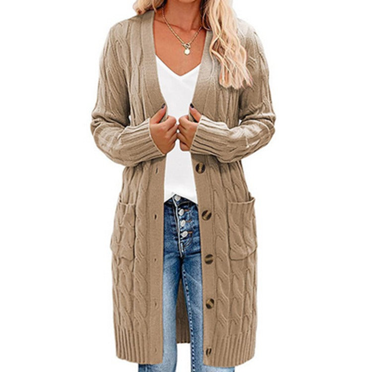 Ladies long knitted cardigan with cable design and practical pockets Lune London