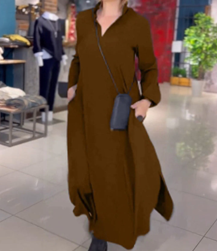Elegant Lady long shirt dress with practical side pockets and chic collar
