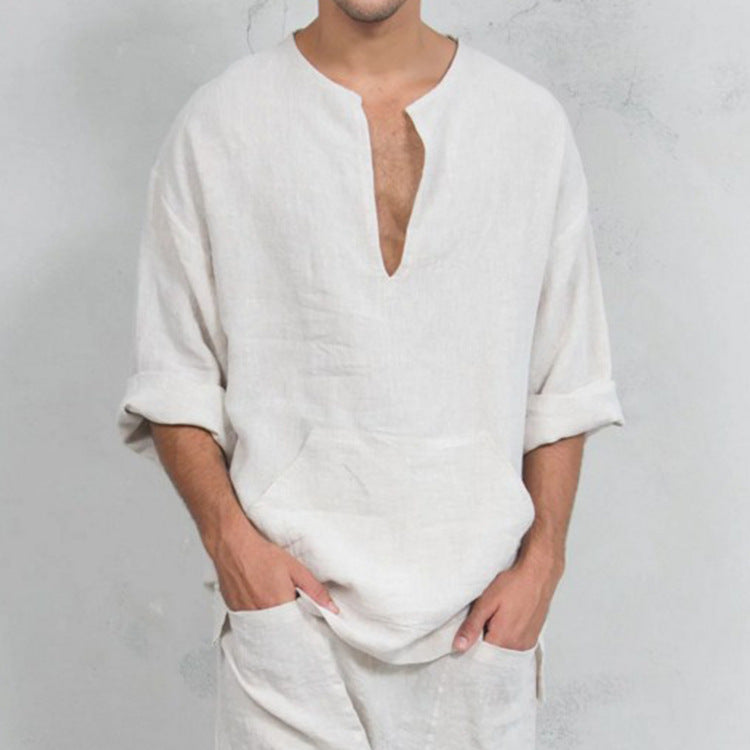 Men's casual high linen with Henley neckline and practical kangaroo pocket Lune London