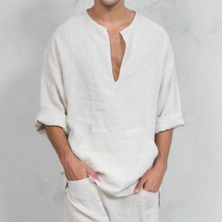 Men's casual high linen with Henley neckline and practical kangaroo pocket Lune London