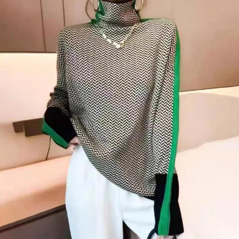 Women High-Quality Turtleneck Sweater with Chevron Pattern Lune London