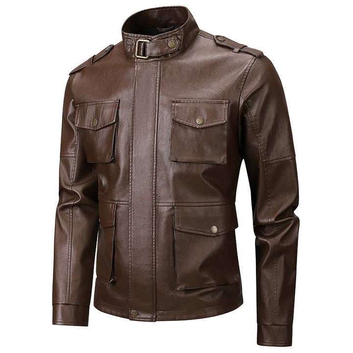 Veste militaire pour hommes en simili cuir avec poches pratiques et col haut Lune London