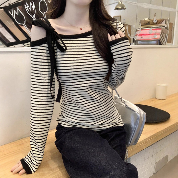 Women's Off-Shoulder Long Sleeve Shirt with Playful Tying Details