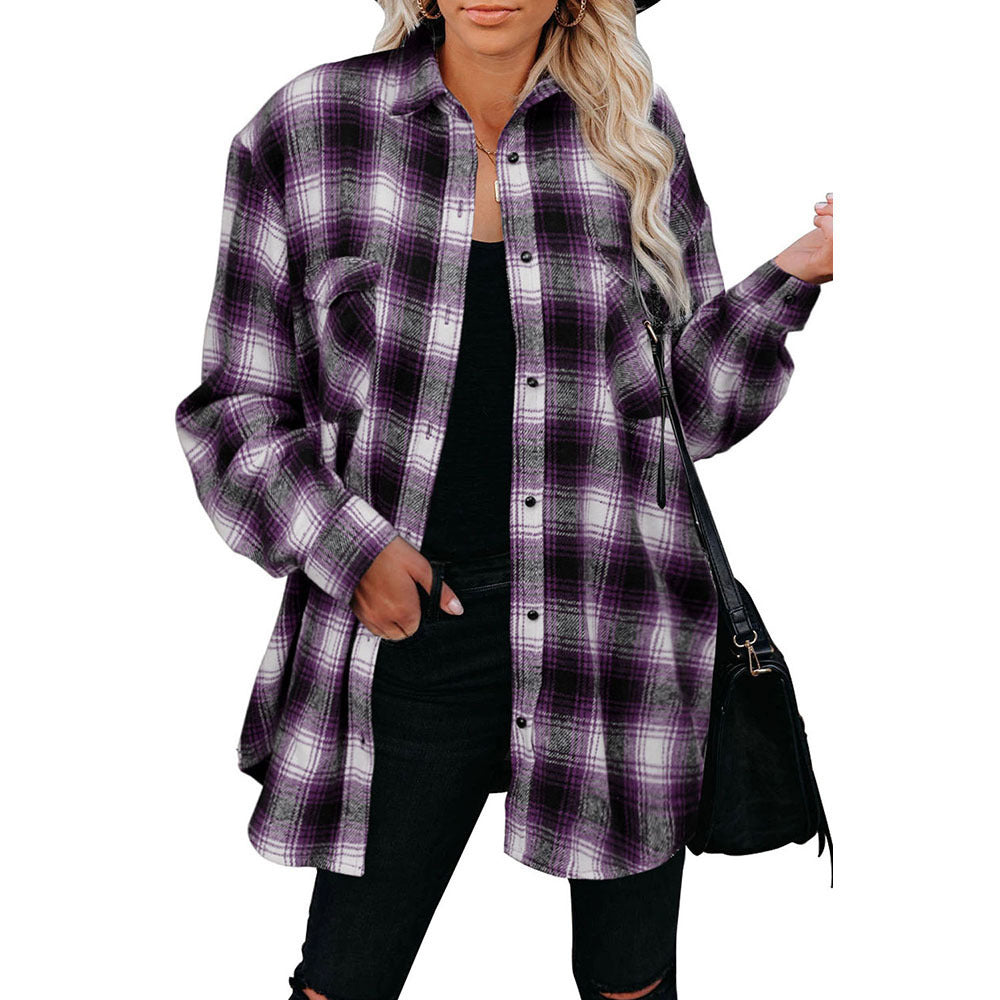 Cotton flannel shirt for women with plaid pattern and chest pockets Lune London