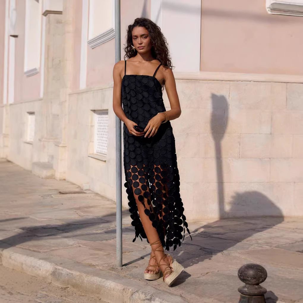 Women's maxi dress with decorative crochet applications and side slits Lune London