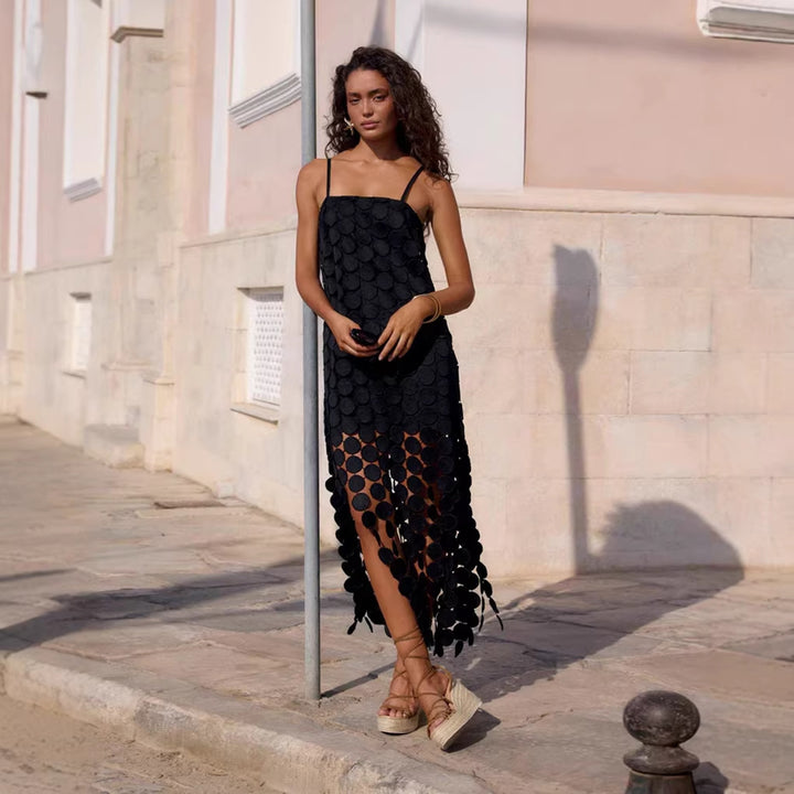 Women's maxi dress with decorative crochet applications and side slits Lune London