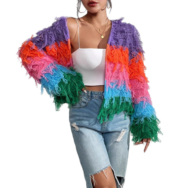 Ladies knitted cardigan with colorful fringes and a unique pattern Lune London