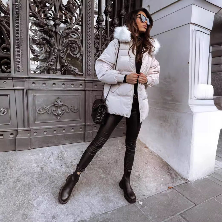 Ladies padded outdoor jacket with removable hood and faux fur collar Lune London