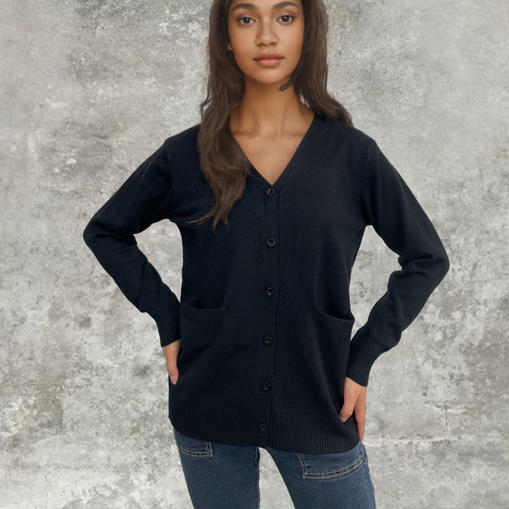 Knitted cardigan for ladies with button details and deep pockets Lune London