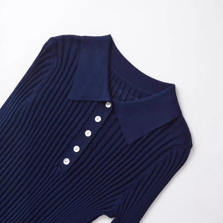 Women Long Sleeve Polo Shirt with an elegant rib structure and button placket Lune London