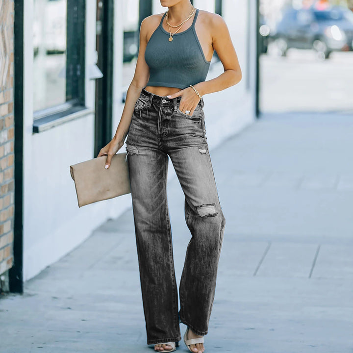 Women's wide-cut jeans with distressed effects and high waist