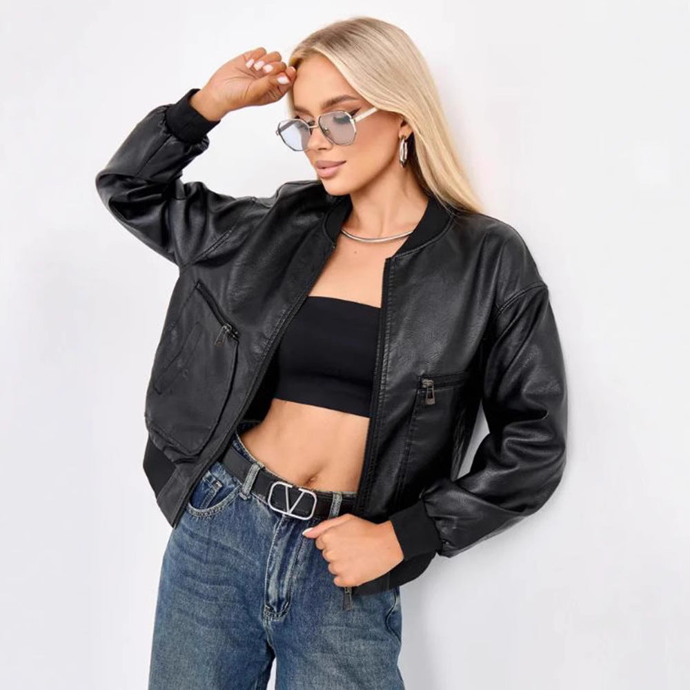 Trendy women's motorcycle jacket with textured design and practical pockets Lune London