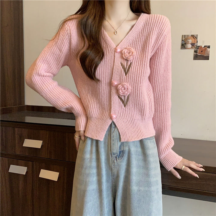Knitted women’s jacket with floral appliqués Lune London