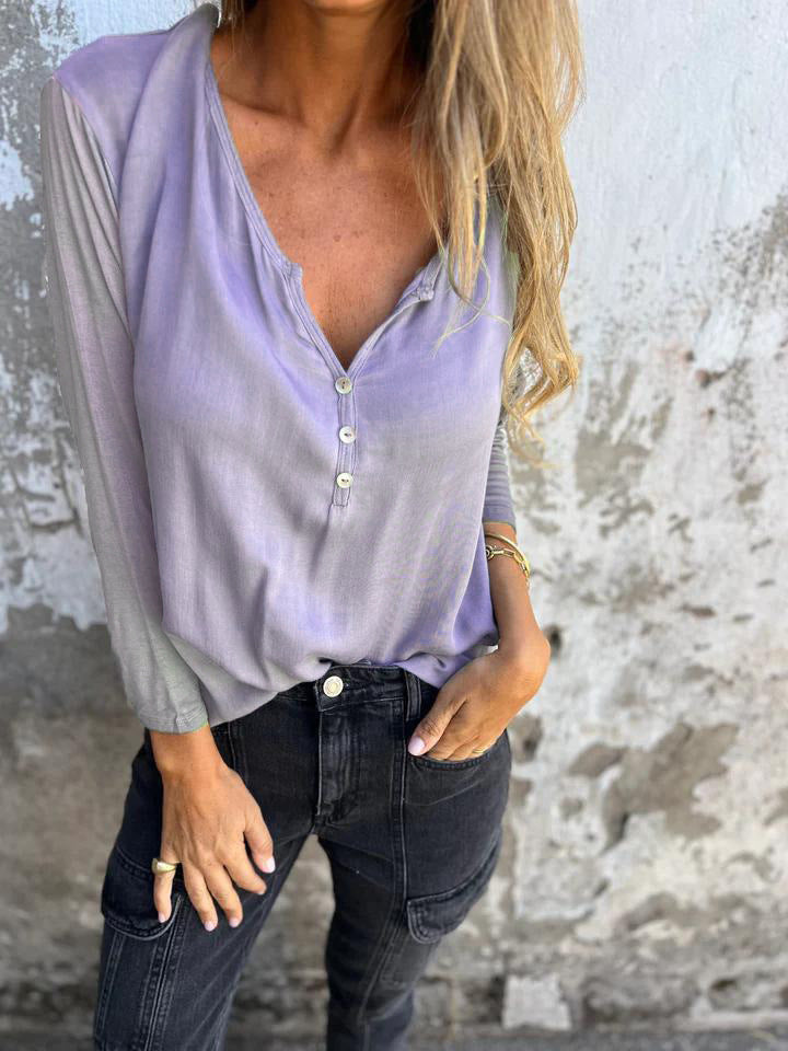 Long sleeve T-shirt for women with button details and elegant V-neck Lune London