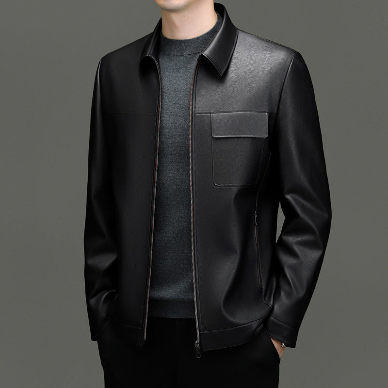 Synthetic leather jacket for men with practical zippered pockets Lune London