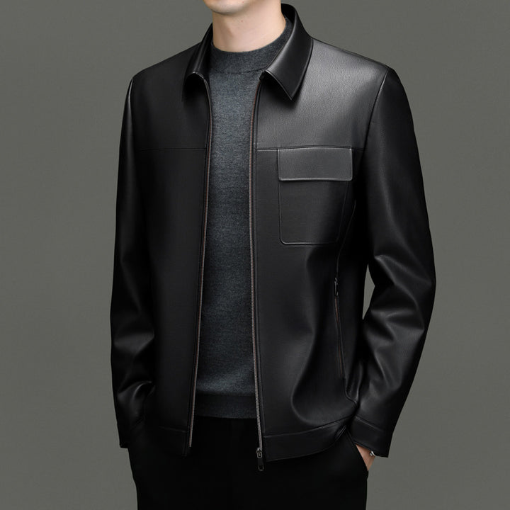 Synthetic leather jacket for men with practical zippered pockets Lune London