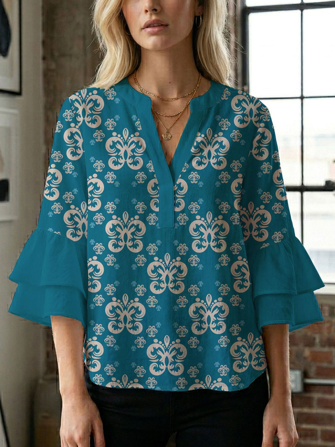 Women's blouse shirt with voluminous sleeves and creative print design Lune London