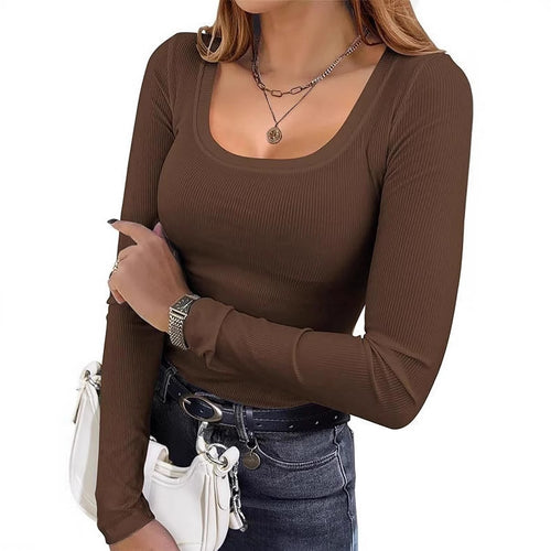 Women’s Long Sleeve Basic Top with Deep Round Neckline and Ribbed Structure Lune London