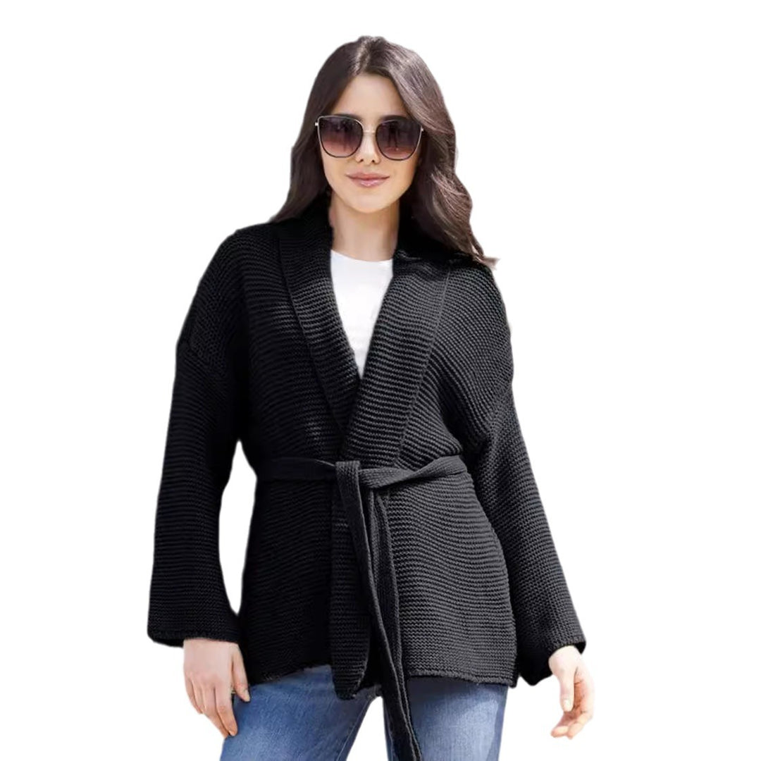 Women's Comfortable Knitted Cardigan with Belt at the Waist and Loose Fit Chic and Still