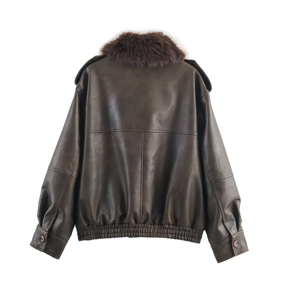 Faux leather jacket for women with removable faux fur collar and practical pockets Lune London